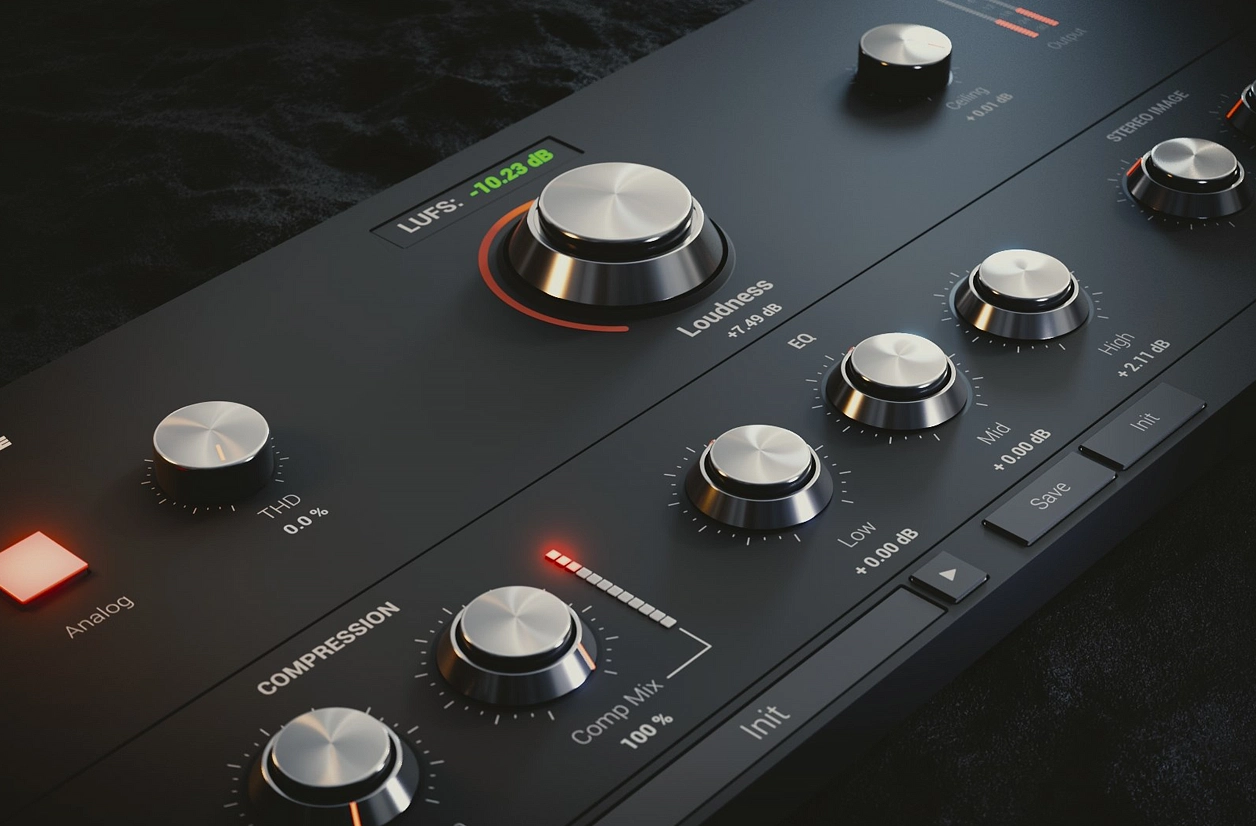 Master Suite has a 3D black metallic look in artwork for Mastering Plugin.  This instrument was created for the Initial Audio company—exclusive designs for UI design tools and instruments of NIKontakt.