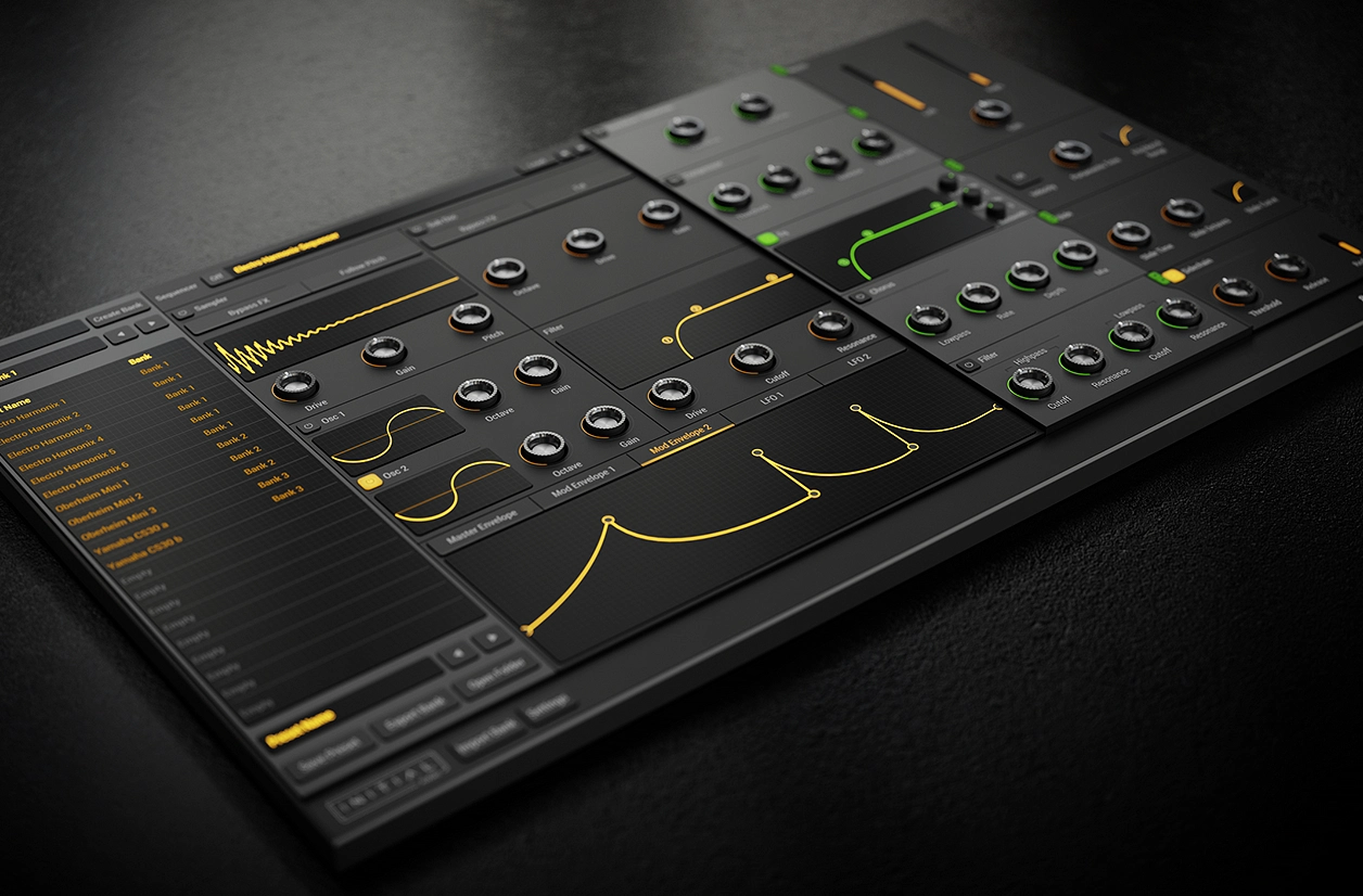 Black flat multicoloured 808 Studio 2 design with 2D flat elements – Bass Synth by Kovdra Studio and Initial Audio. It was designed for cutting-edge quality 808 sub-bass. Perfect for hip hop and trap or any genre that requires a hard-hitting bass synth.